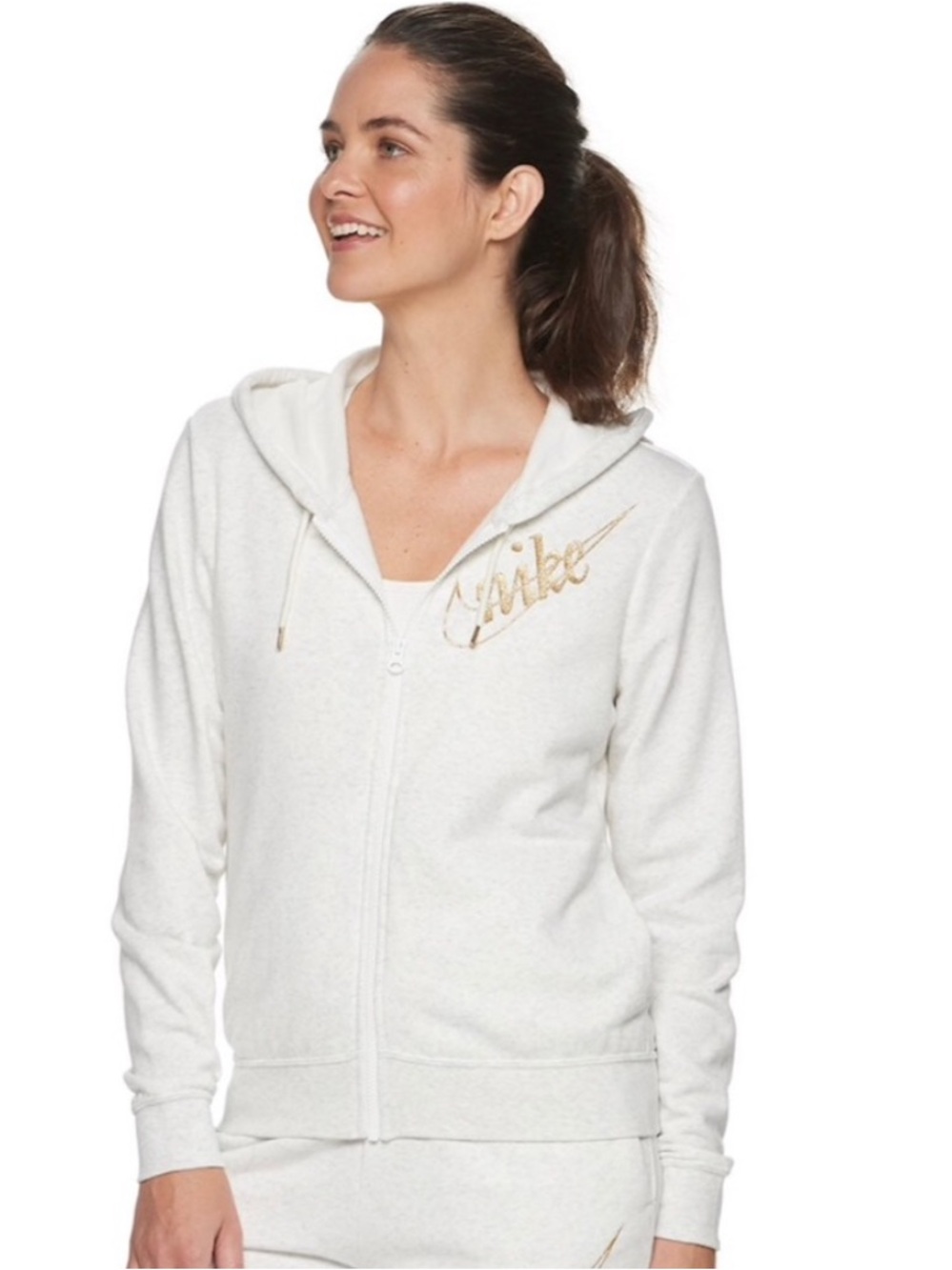 Nike Light Heather White Zip-Up Hoodie with Gold Script Logo